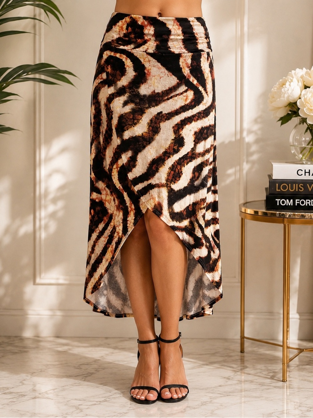 V Christina S Animal Print High Low Maxi Skirt Wrap Hem Stretch